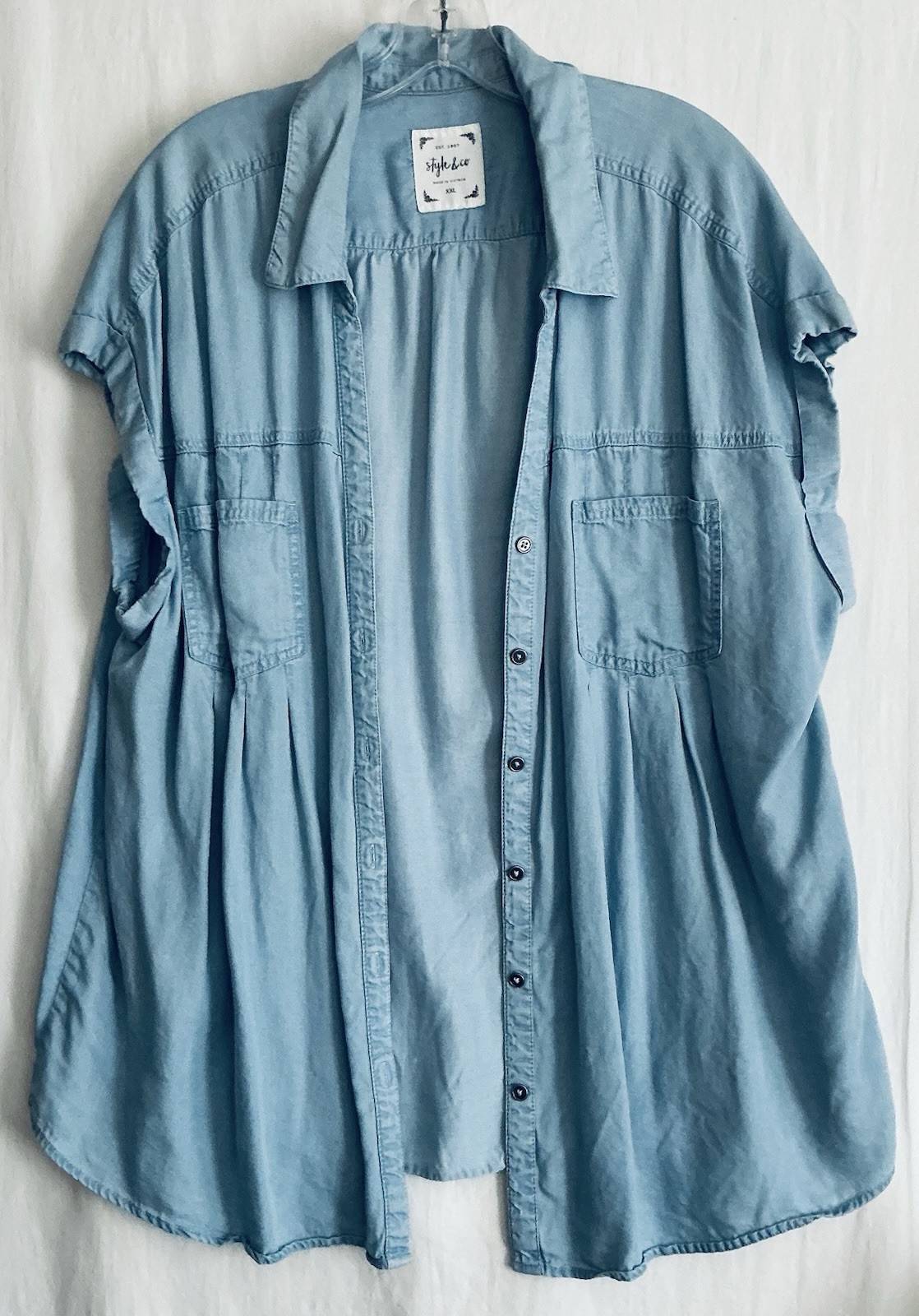 Style & Co XXL Blue Blouse Button Up Casual Cap Sleeve Pockets Collared Lyocell