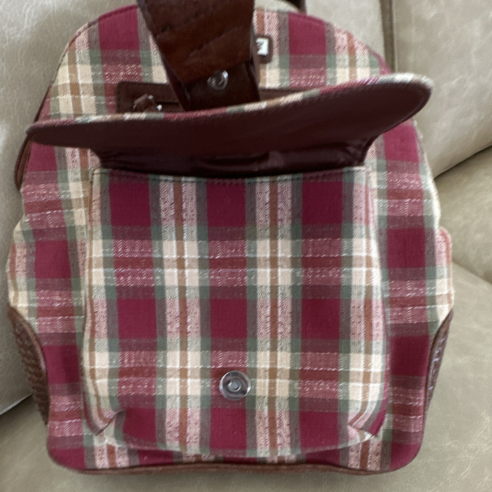 Longaberger Mini Backpack in Plaid Burgundy with Adjustable Straps
