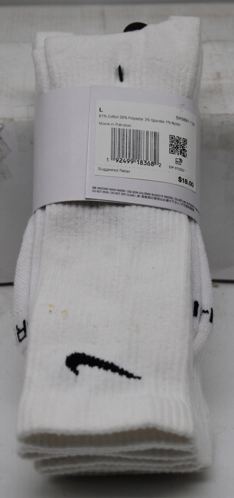 Nike Everyday Plus Cushioned Crew Sock 3 Pairs (Large) White New w imperfections