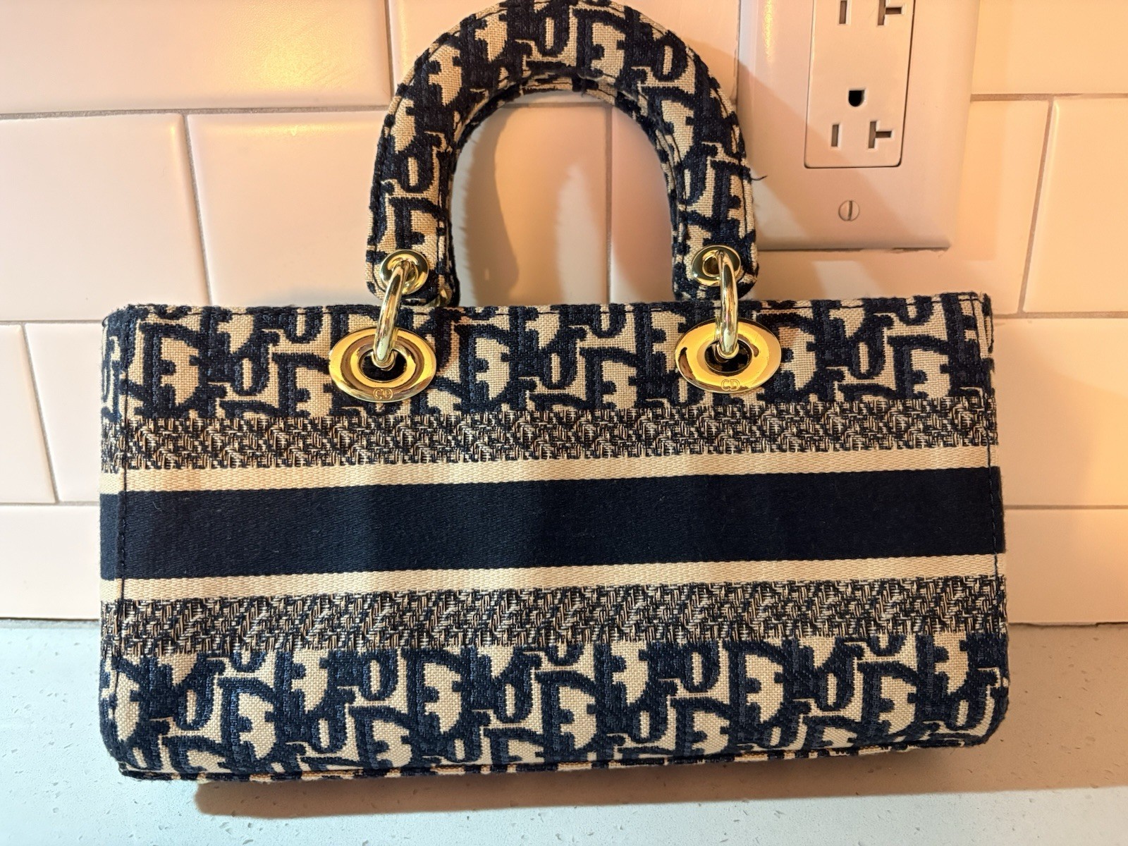 Dior Blue Beige Monogram Jacquard Top Handle Bag Gold Hardware CD Charm