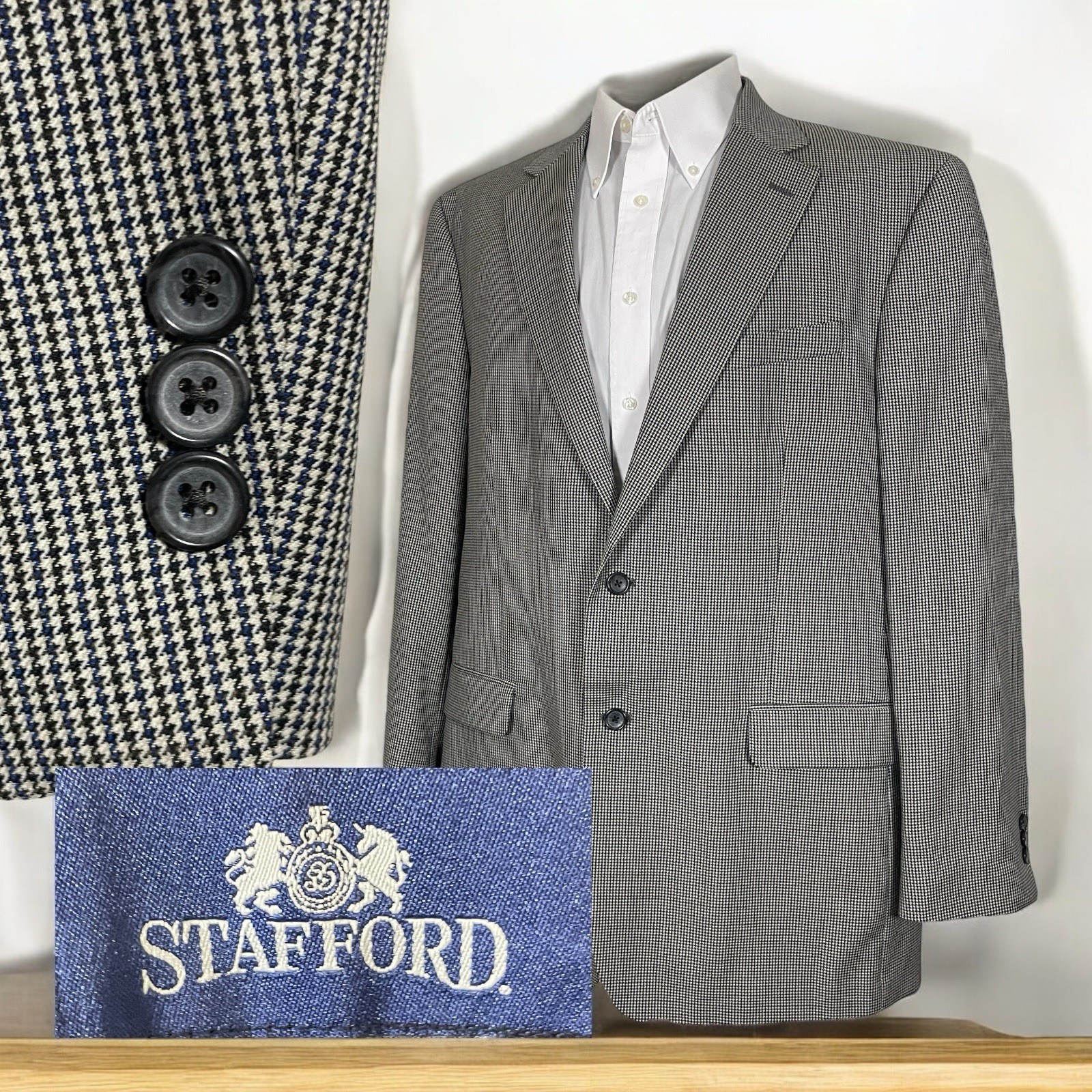 Stafford Sport Coat Mens 46L Multicolor Houndstooth Polyester Worsted Wool