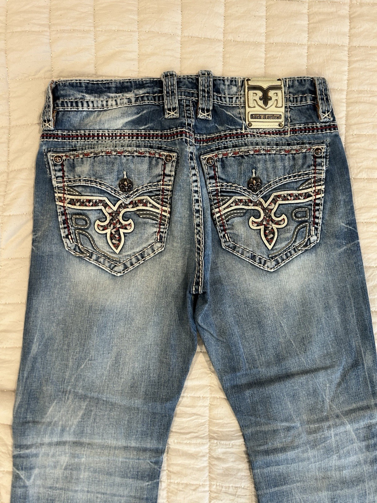 Rock Revival Men’s Blue Medium Wash Straight Fit Distressed Denim Jeans 5-Pocket
