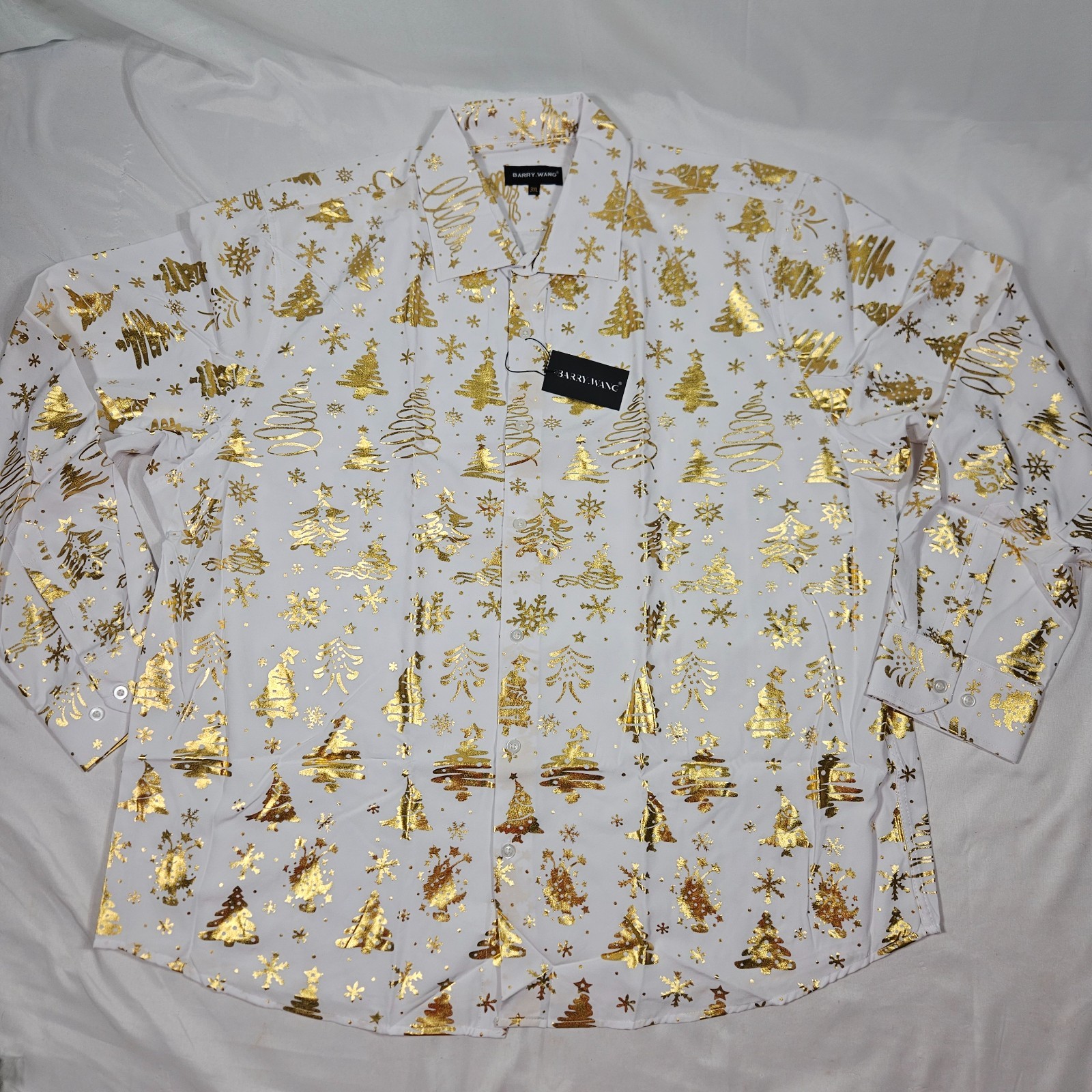 Barry Wang Long Sleeve Christmas Shirt 3XL White with Gold Print 20% Silk