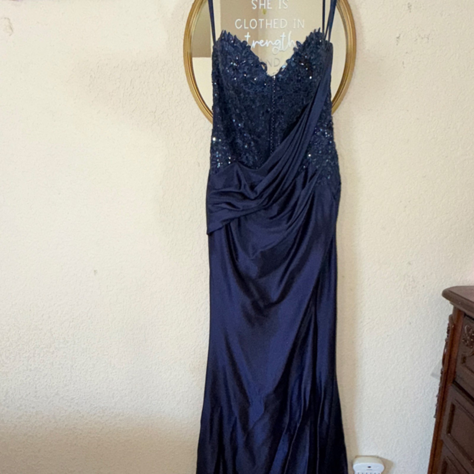 Ladivine by Cinderella Divine Navy Blue Sequined Formal Gown