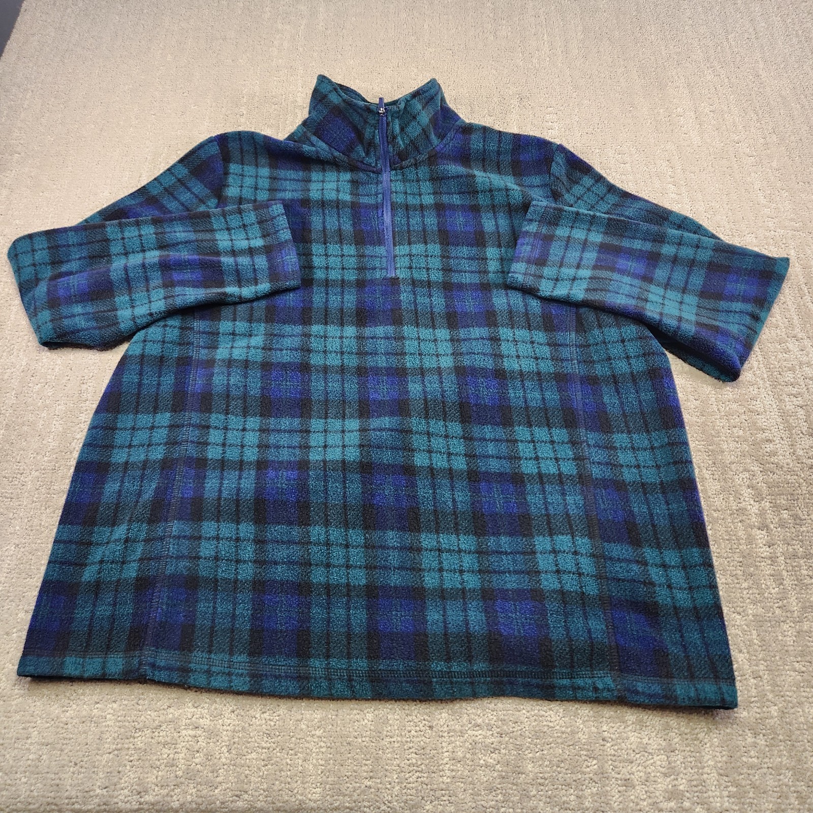 Lands End Sweater Men XL Blackwatch Plaid 1/4 Zip Powder Fleece Pullover Preppy