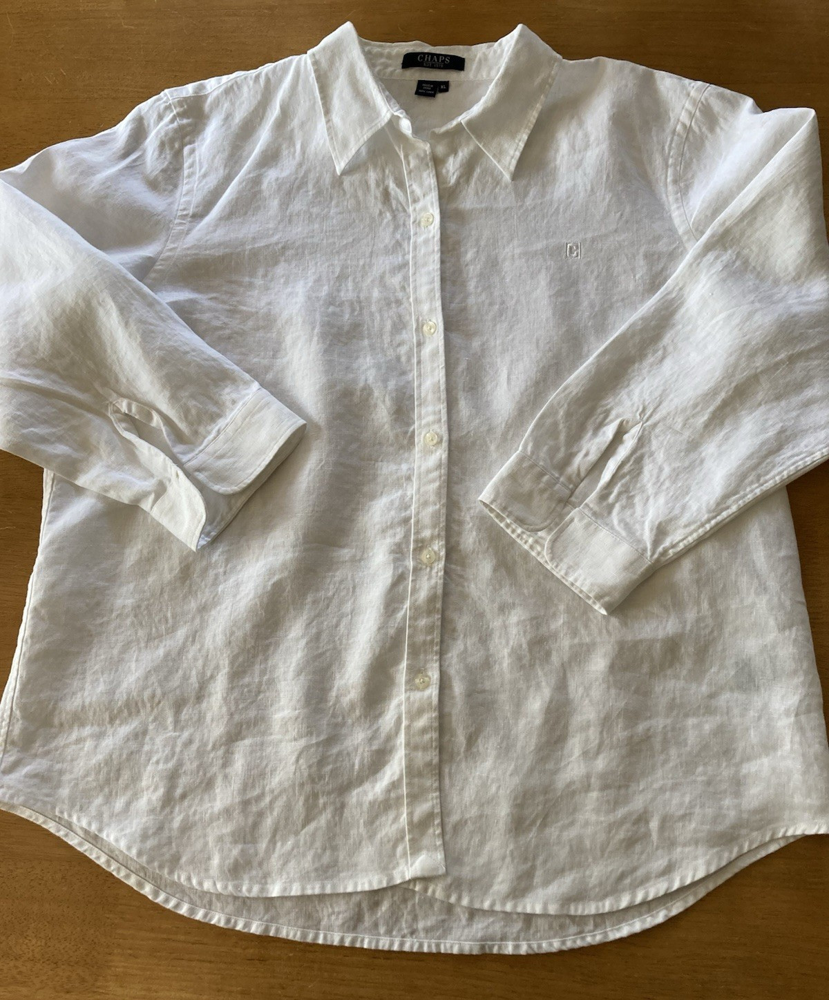 Chaps *Logo* White Button Up Collared Blouse 100% Linen SZ XL 3/4 Split Sleeve