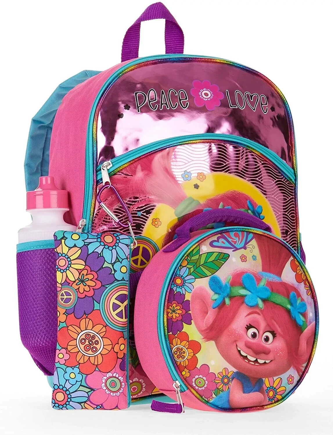 Trolls 5-Pc Backpack Set with Water Bottle, Lunch Bag, Pencil Case, Carabiner