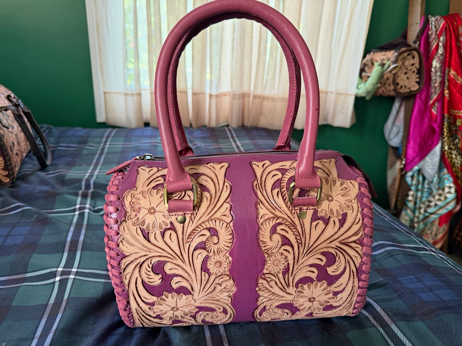 Purple/Beige Floral Tooled Embossed Medium Speedy hand Bag