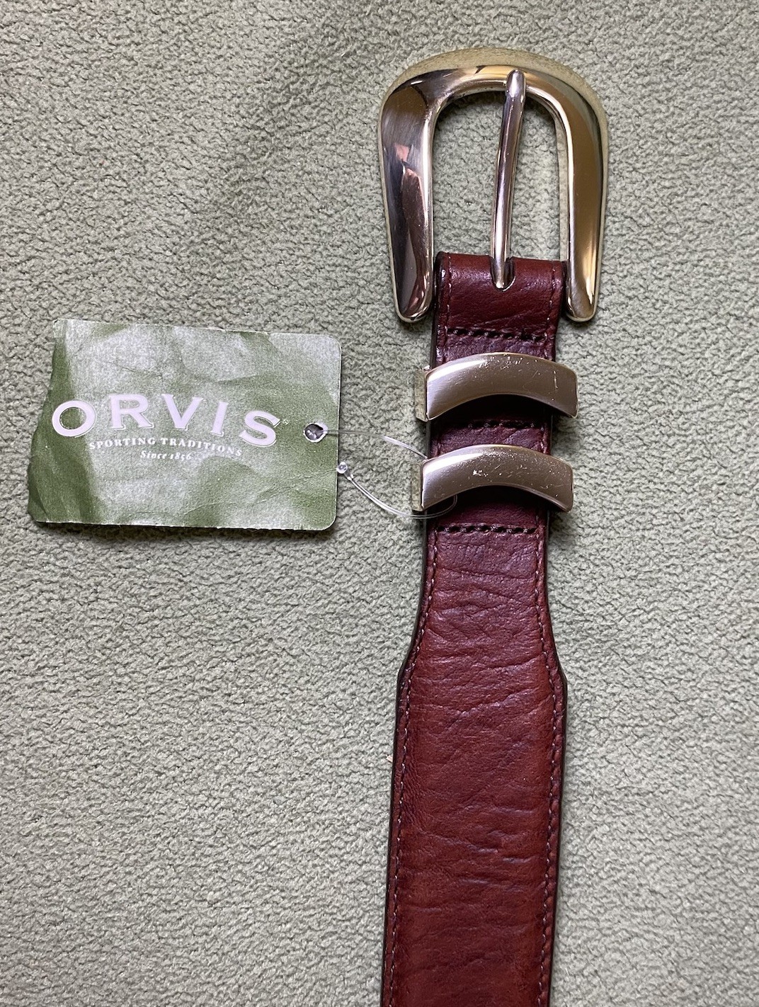 Orvis Mens Sz 40 Medium Brown American Bison Belt Tapered End Gold Buckle USA