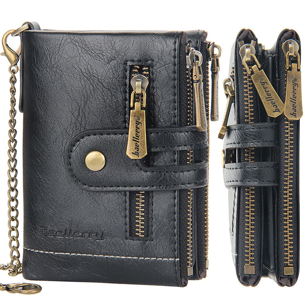 Mens Wallet Genuine Leather RFID Bifold with Chain and Double Zipper Coin Pocket