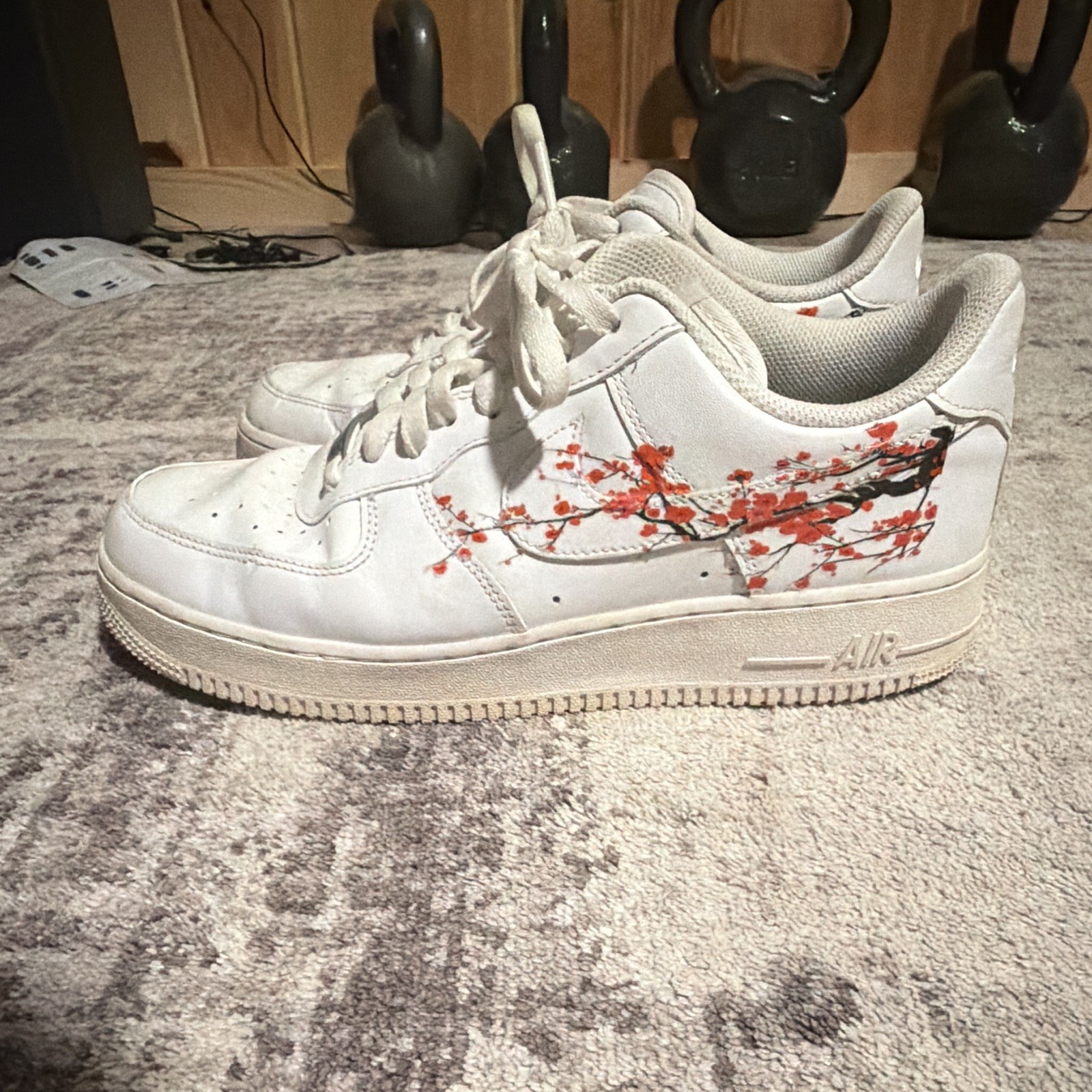 Air Force 1 With Custom Cherry Tree & Dragon Design Slightly Worn Size 10.5