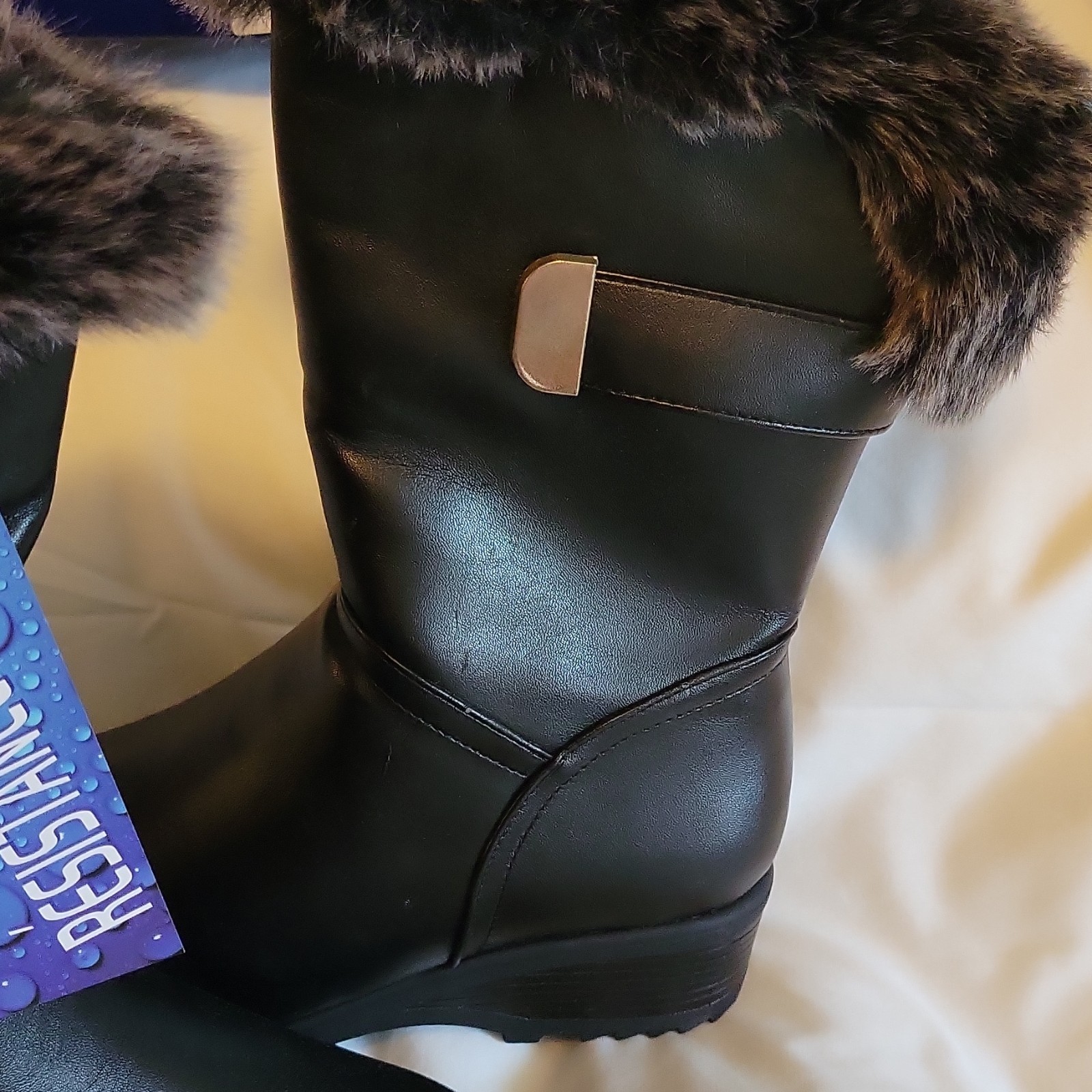 Forest Women’s Black Snow Boots Water Resistant Faux Fur Trim Mid-Calf Wedge 6W