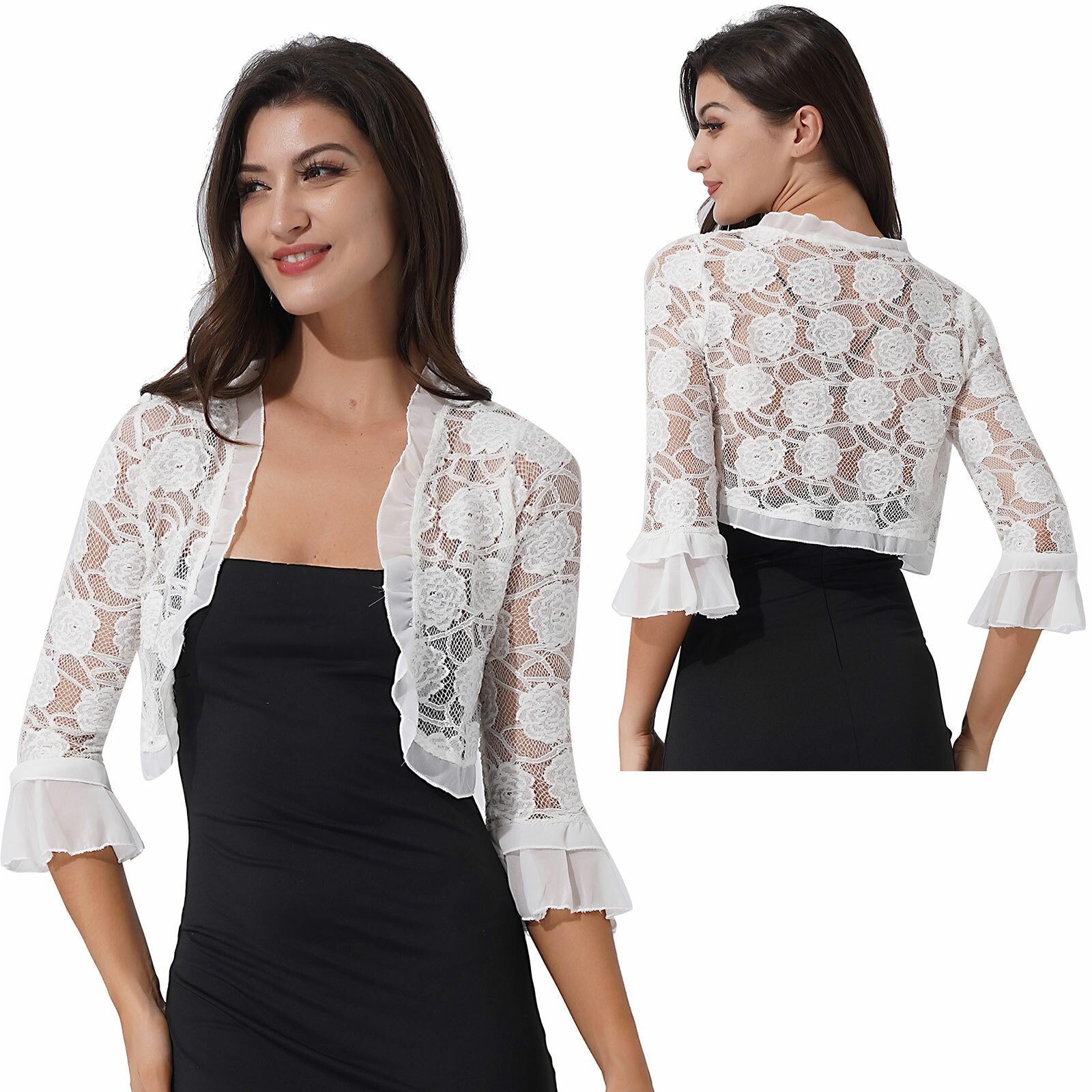Women’s Half Sleeve Floral Lace Shrug Cropped Open Front Bolero Party Cardigan