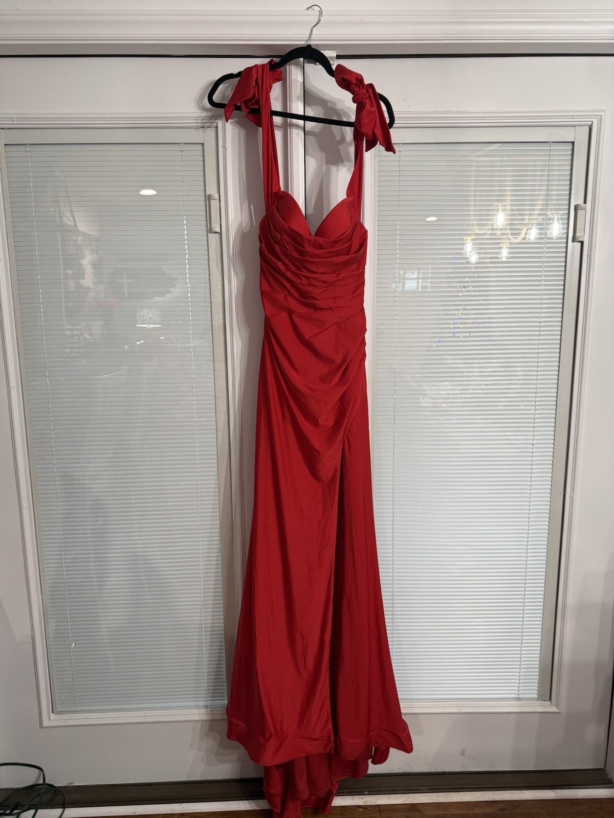 Ladivine by Cinderella Divine Red Gown Bow Ruched Strapless Long Dress 4