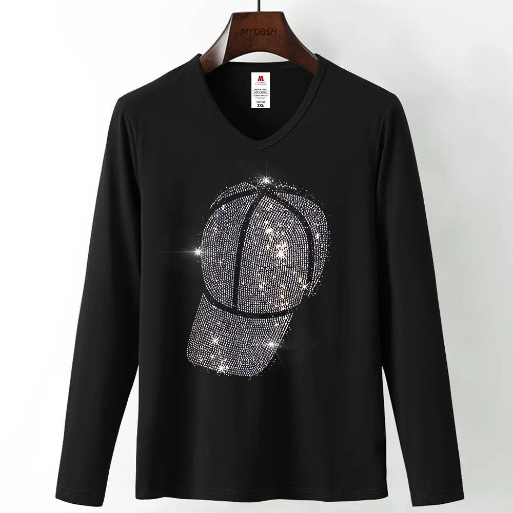 Fashion Trend Ball Cap Rhinestones Long Sleeve Luxury Men V-Neck T-Shirt