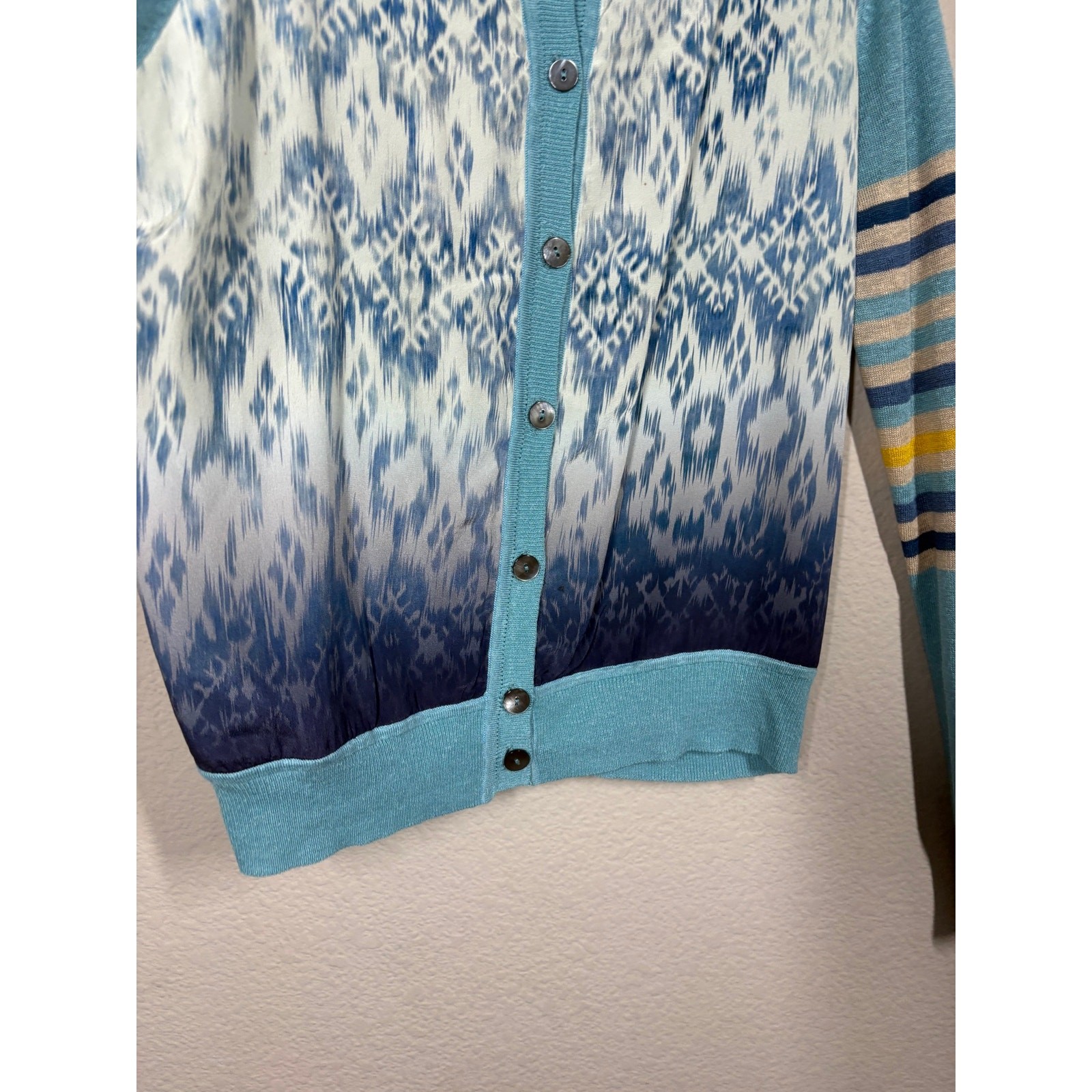 Sundance Small Ikat Joy Cardigan Sweater Blue Linen Silk Rayon Blend Button Up