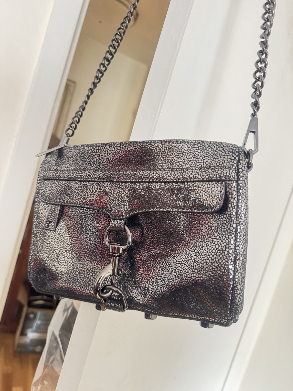 Rebecca Minkoff Mini Mac Clutch SILVER Metallic Black Hardware Crossbody 9”x7”