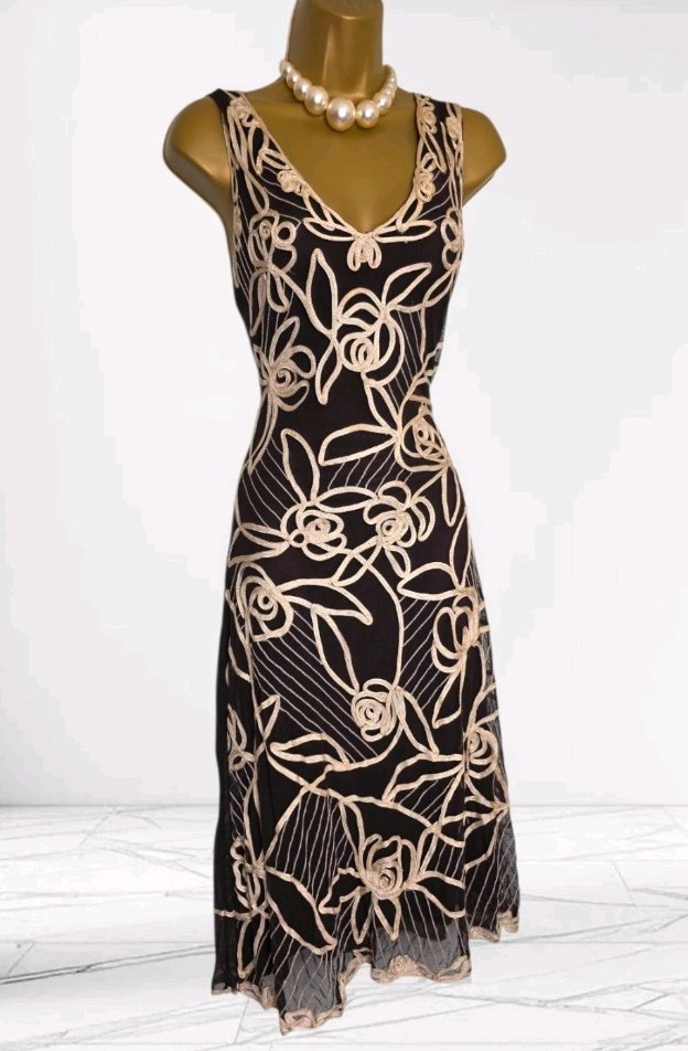 Phase Eight Brown & Cream Tapework Embroidered Occasion Dress + Shawl Size 12