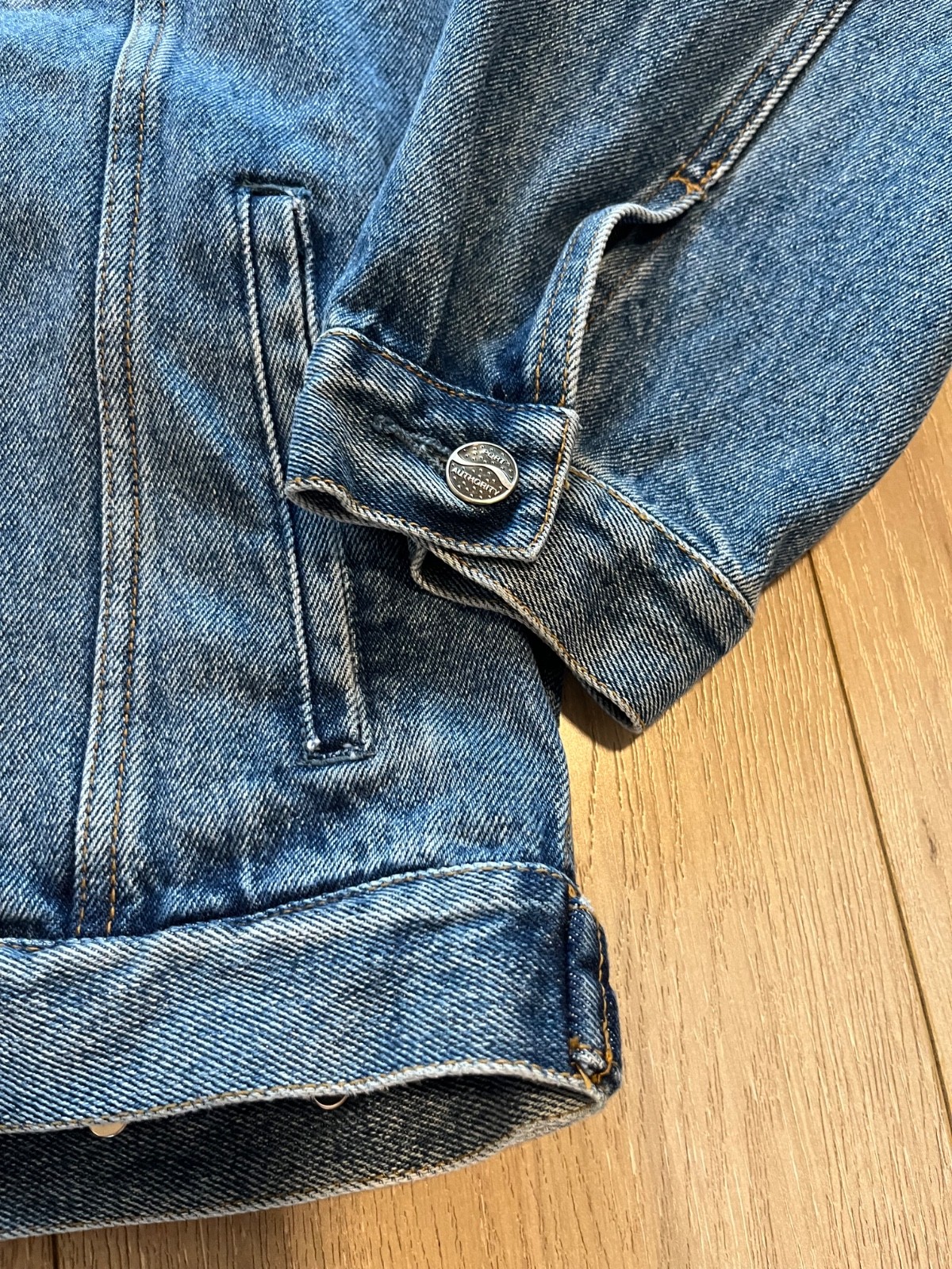 port authority mens blue denim medium wash toyota car embroidered jean jacket m