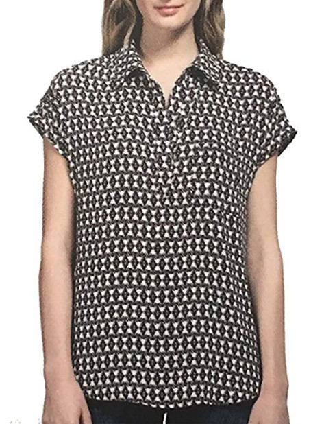 Pleione Ladies’ Short Sleeve Blouse, Black & White Print, US Size: M