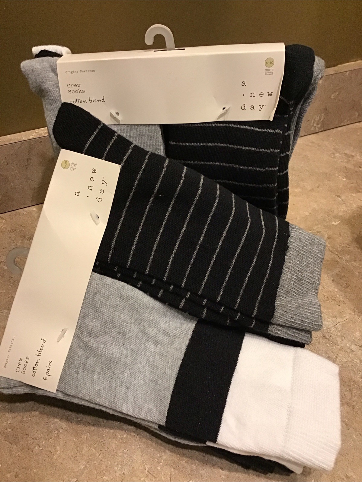 A New Day 2 Pkg. 6 Ea. / Cotton Blend Crew Socks Solid & Patterned Size 4-10