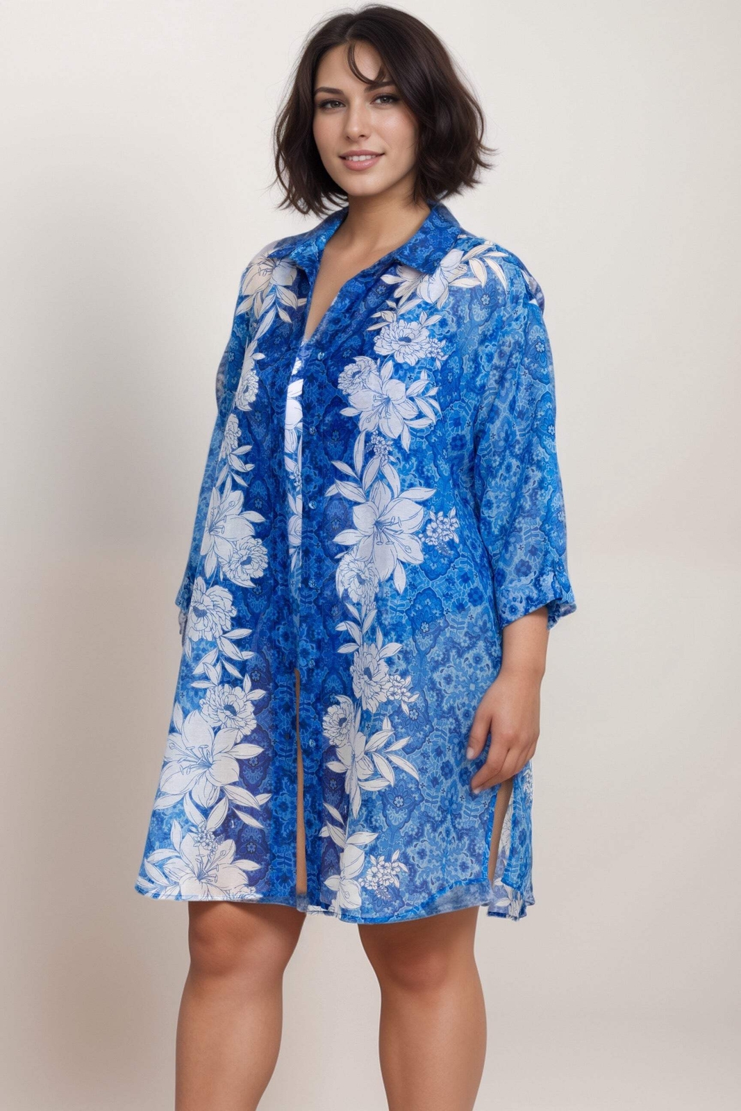Johnny Was Blue Clio Mix Button Down Shirt Dress CSW8124-MX Plus Size