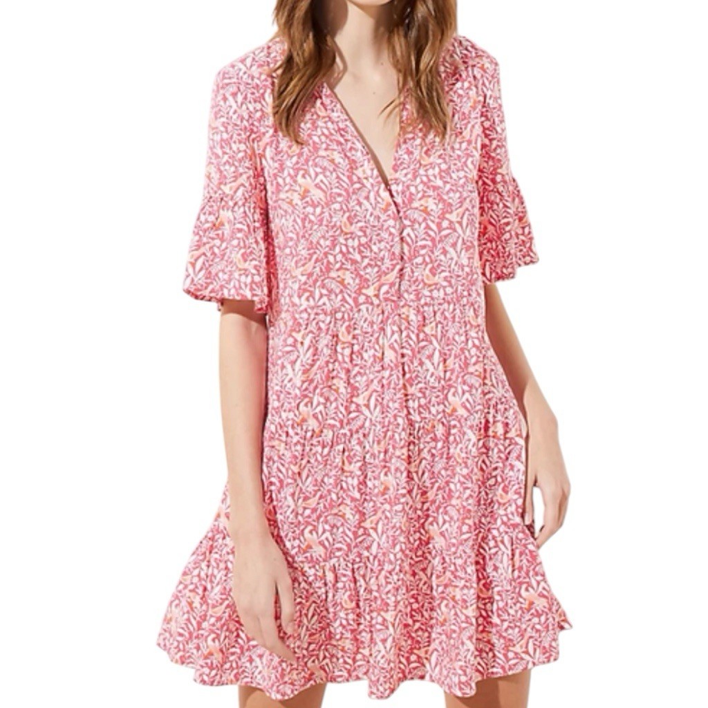 LOFT Pink Coral Bird Floral Bell Sleeve Ruffle Babydoll Swing Dress