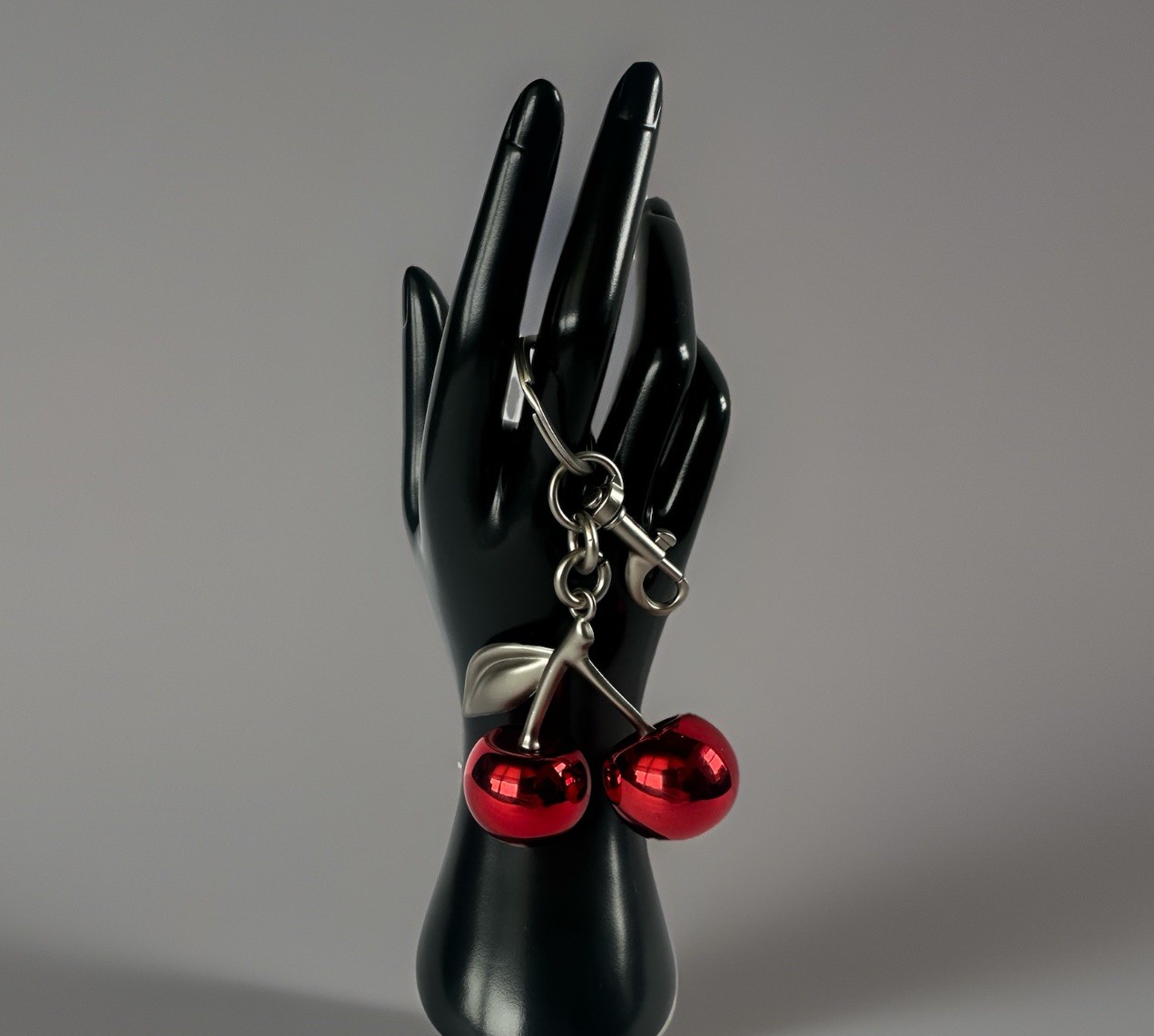 Mirrored Red Double Cherry Bag Charm | SILVER Keychain + Premium Velvet Dust Bag