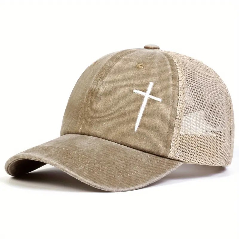 Beige Christian Cross Embroidered Trucker Hat Adjustable Mesh Baseball Cap