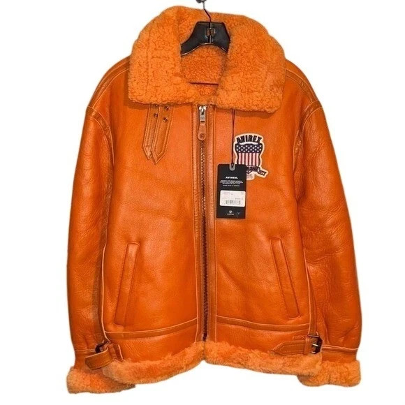 Avirex Mens Orange Leather Shearling B-3 Bomber Flight Jacket Size S to 2Xl