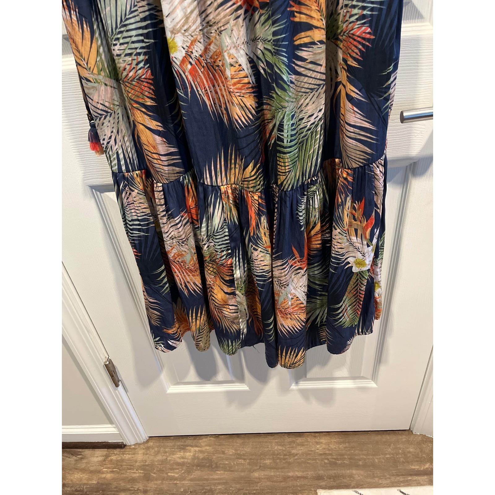 Terra & Sky Navy Tropical Palm Print Smocked Tiered Maxi Dress Sleeveless Womens