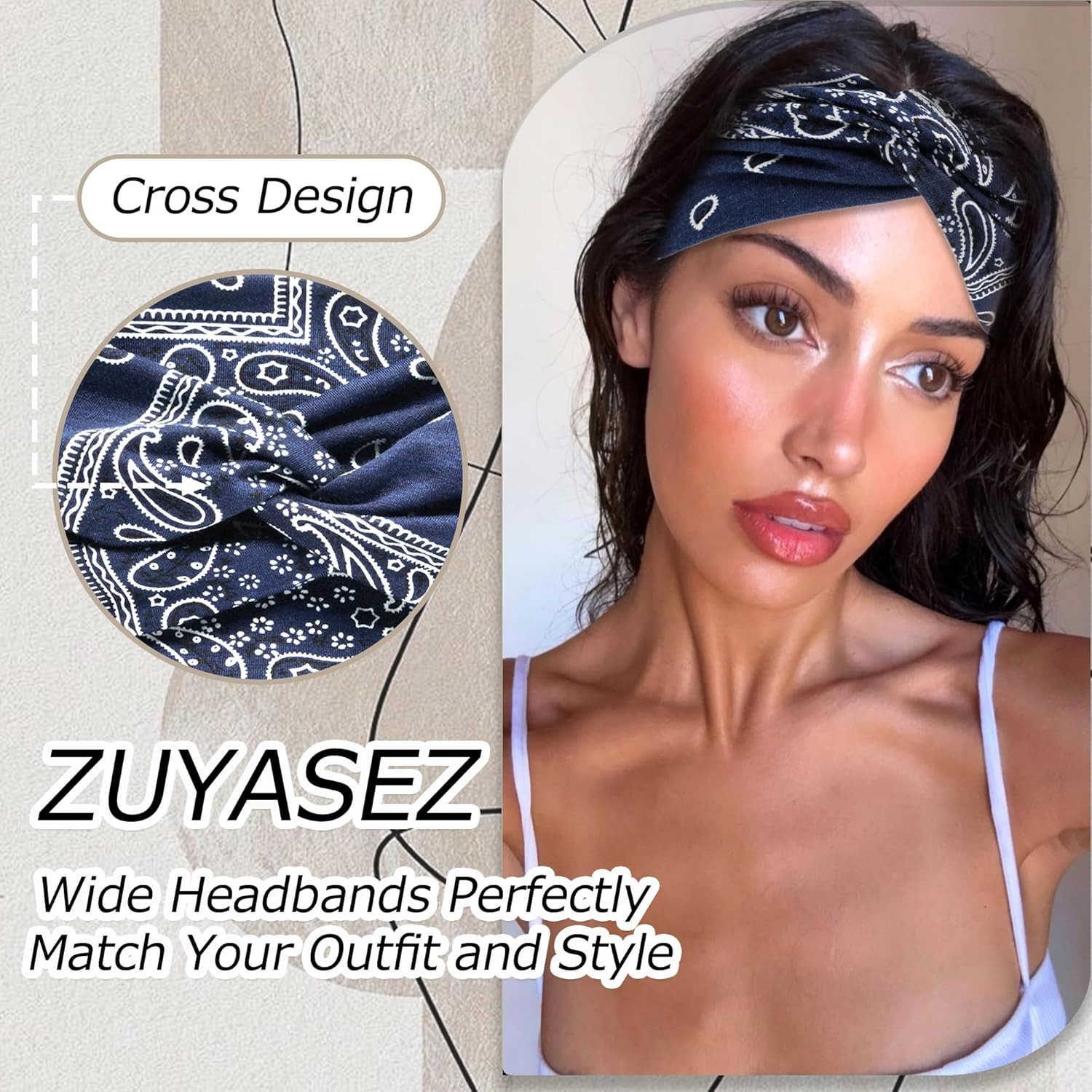 4 Pack Wide Headbands for Women Paisley Twist Hair Bands Stretchy Cross Head Tur