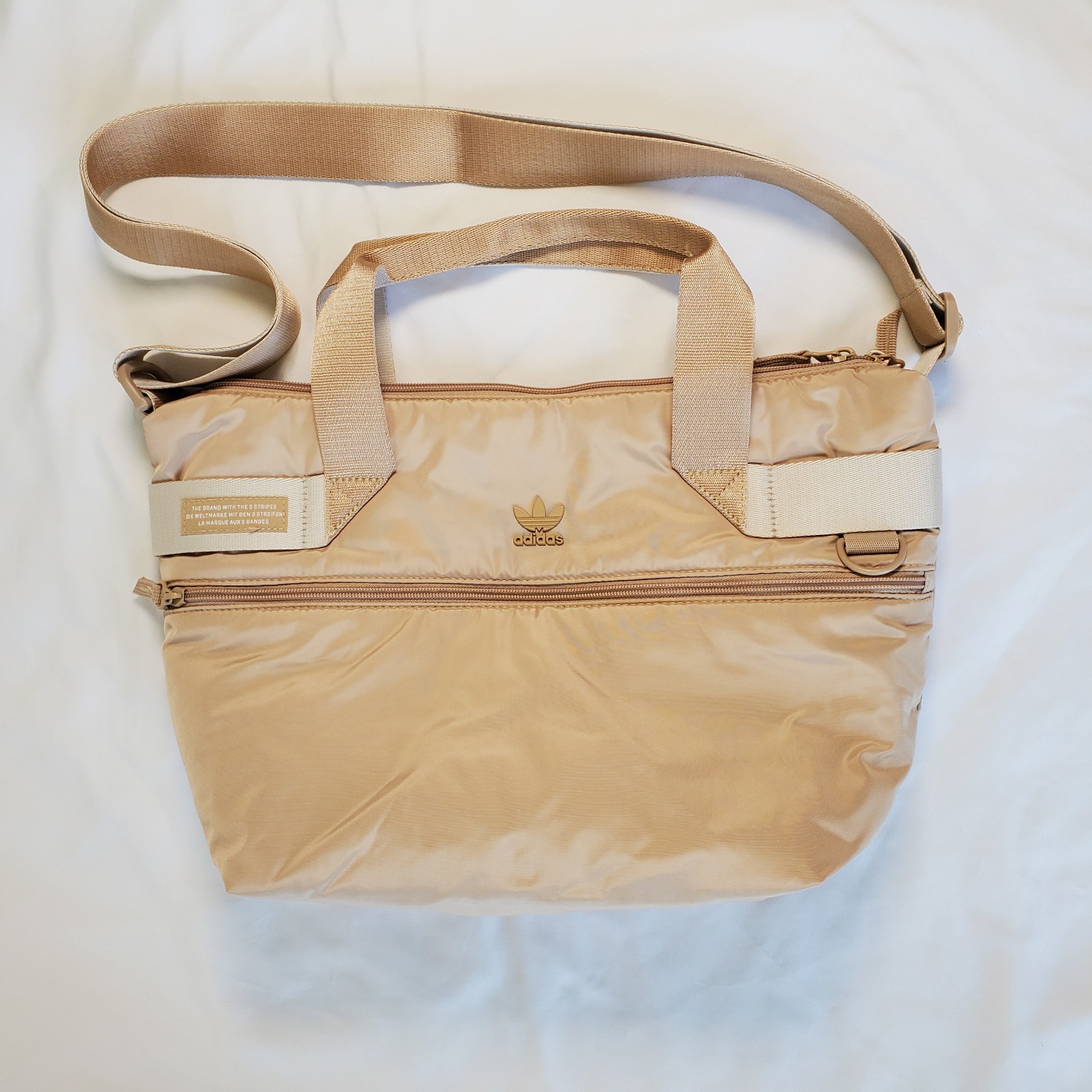 Adidas Stylish Sport Shopper Tote Puffer Travel Gym Bag Tan Beige Zip Top Purse