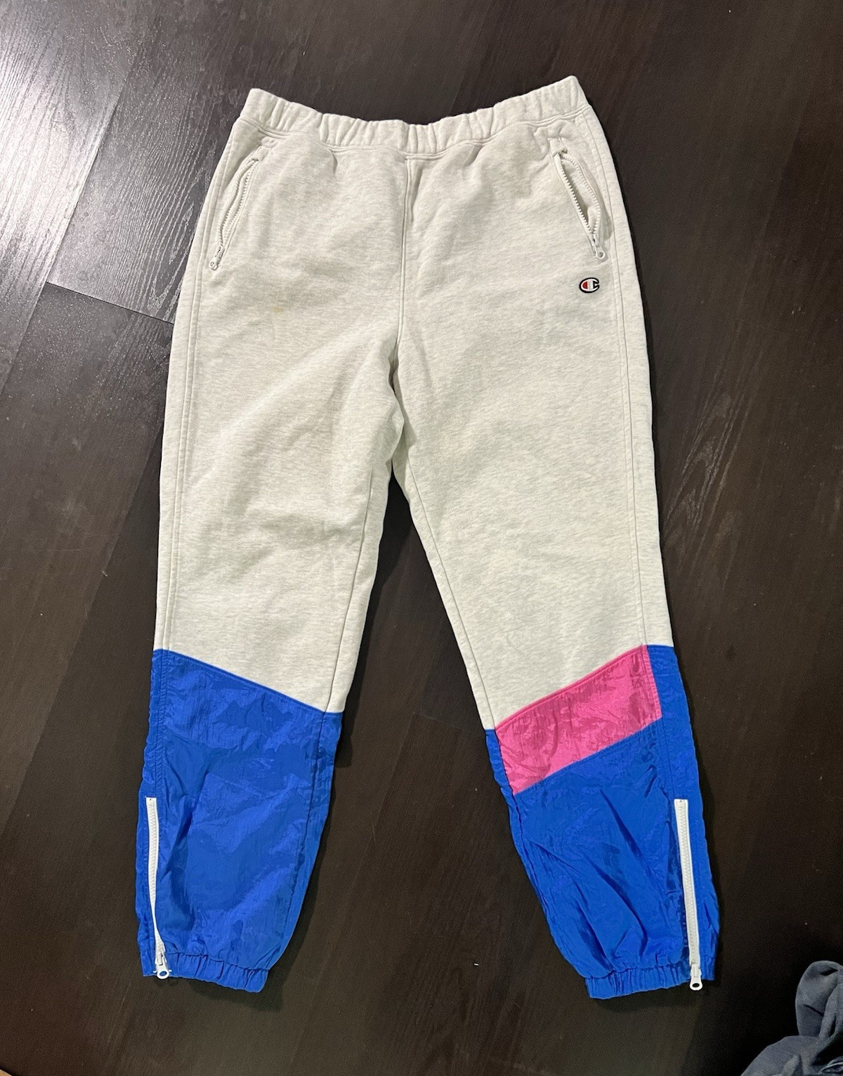 Vintage Champion L Gray Blue Pink Colorblock Jogger Pants Zip Pockets Drawstring
