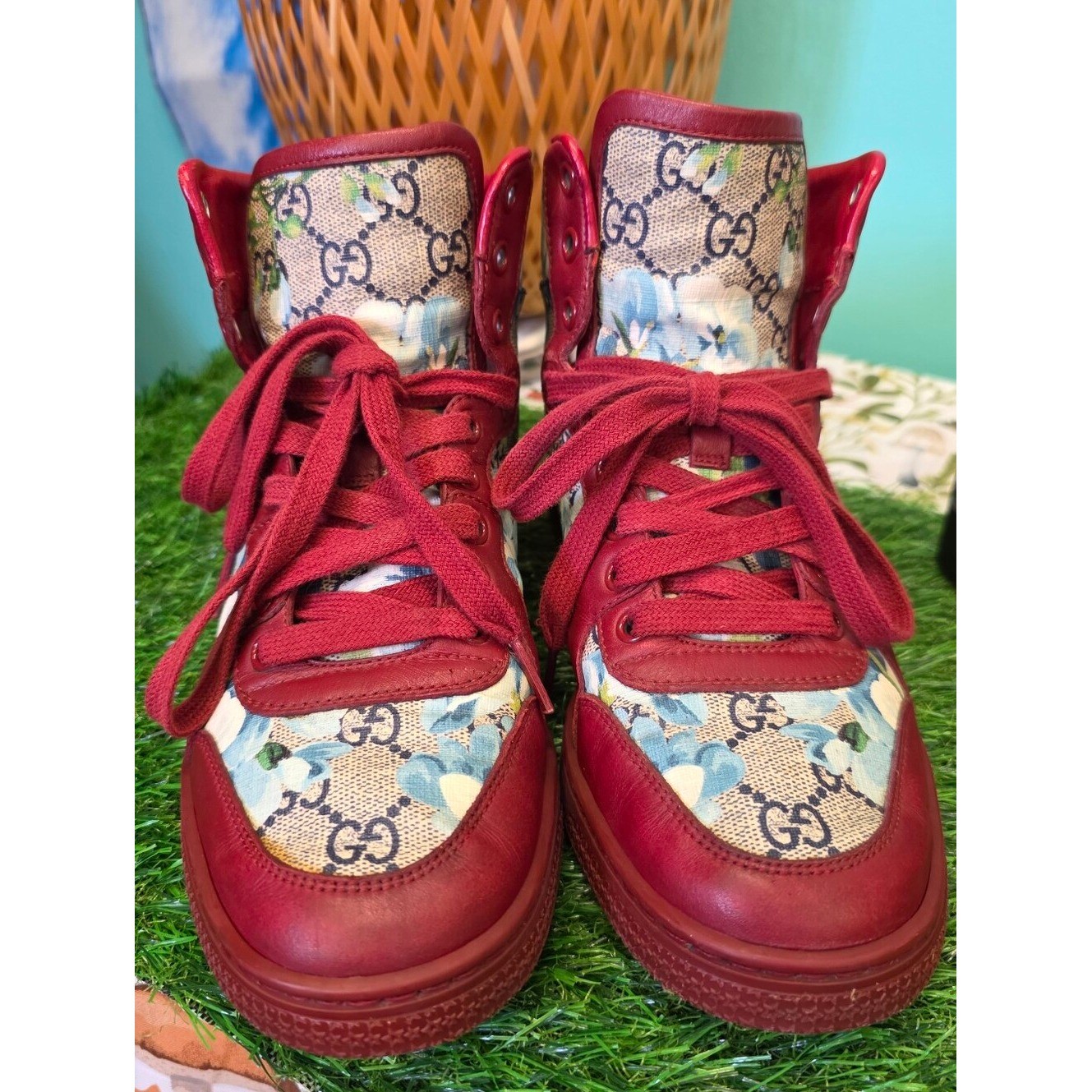 Gucci GG Blooms Floral High Top Sneakers Red Leather Canvas Shoes Size 37
