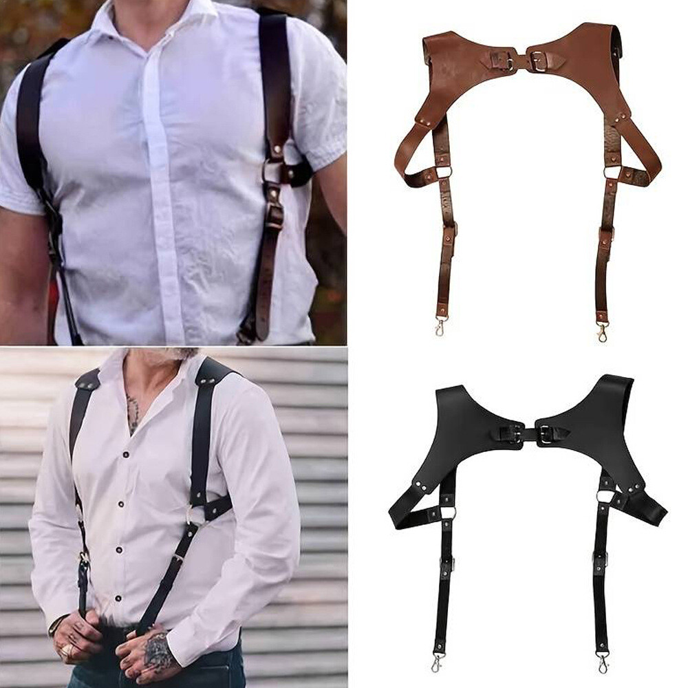 Vintage Leather Suspenders Braces Shoulder Strap Belt Adjustable Harness For Men