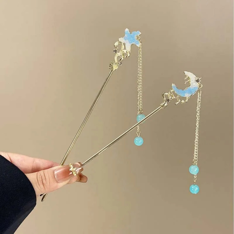 Exquisite Blue Crystal Star Moon Hair Stick for Women Girls Chinese Style Fl