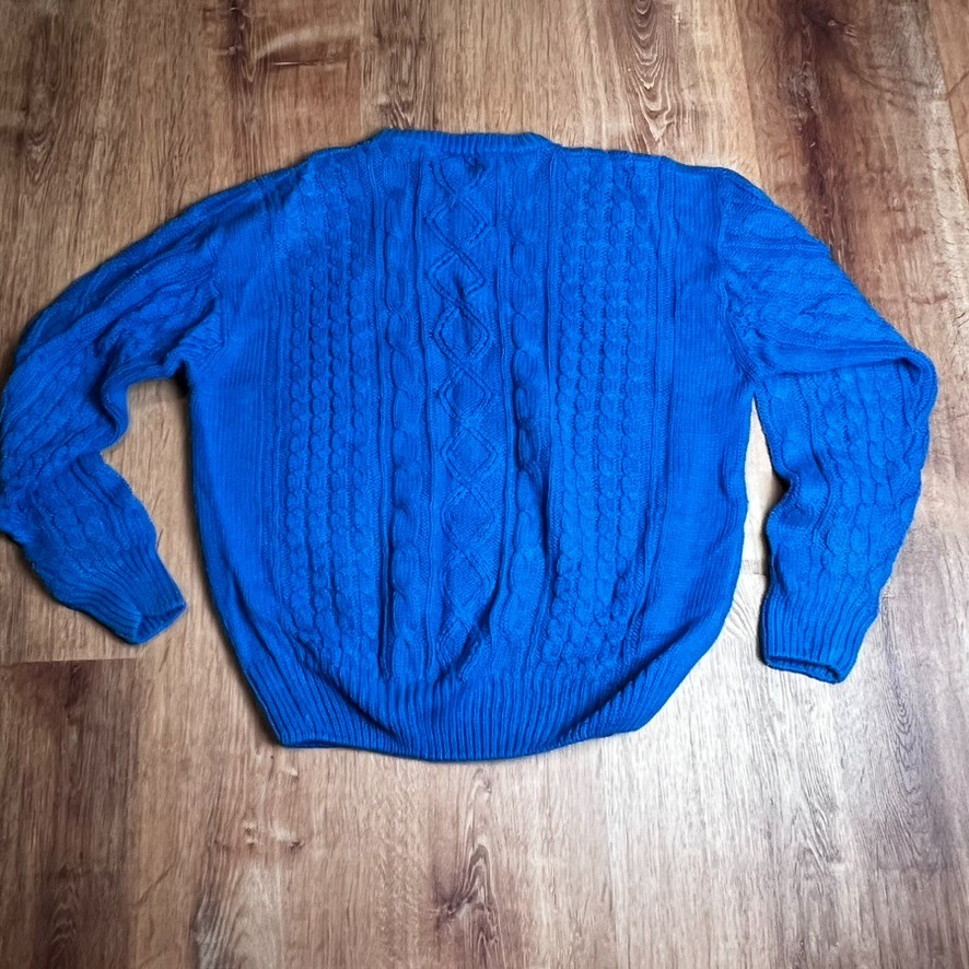 Vtg VanCort Cable Knit Chunky Sweater Men’s XL Blue Fisherman Crew Neck