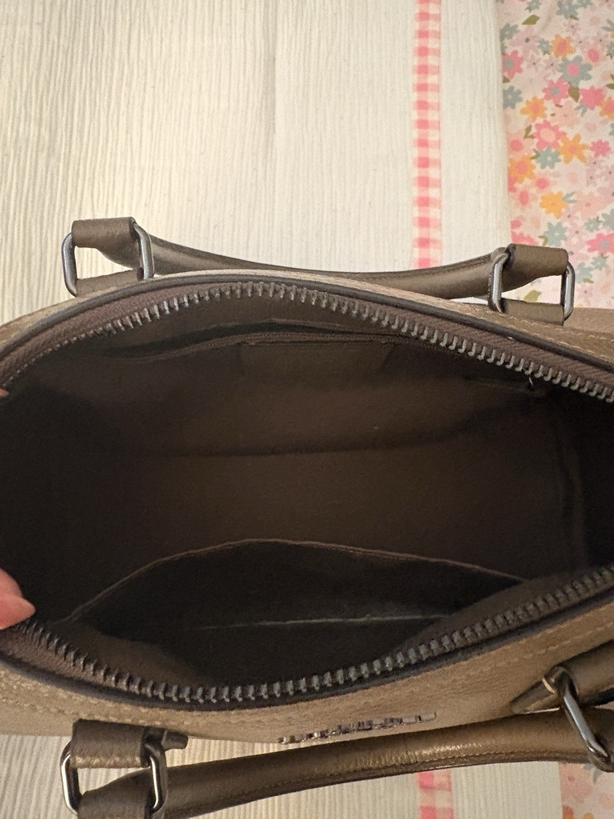 Coach Brown Pebbled Satchel Top Handle Zip, Silver Hardware, Bag Charm