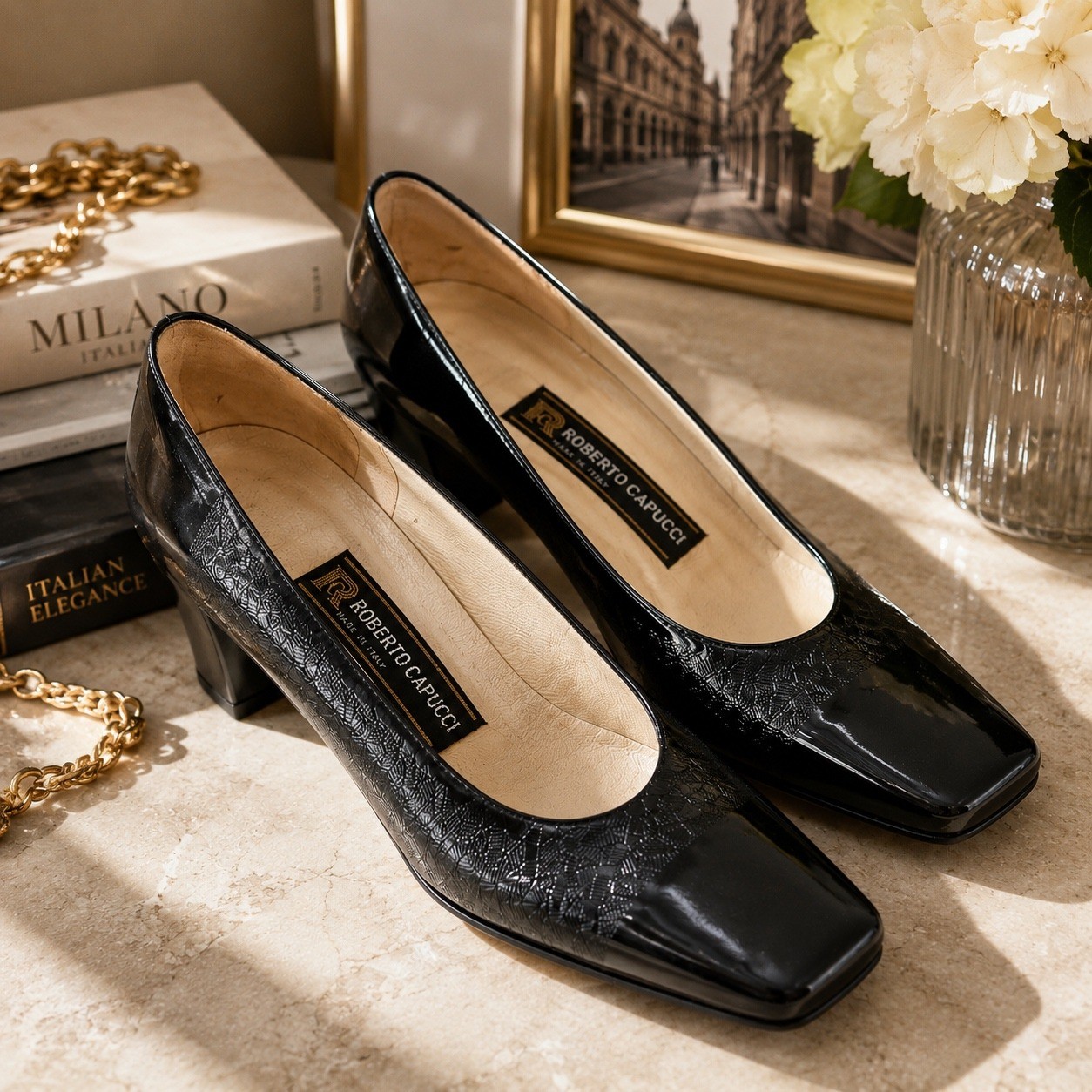 Roberto Capucci Black Patent Leather Square Toe Pumps Italy Size 9B Embossed