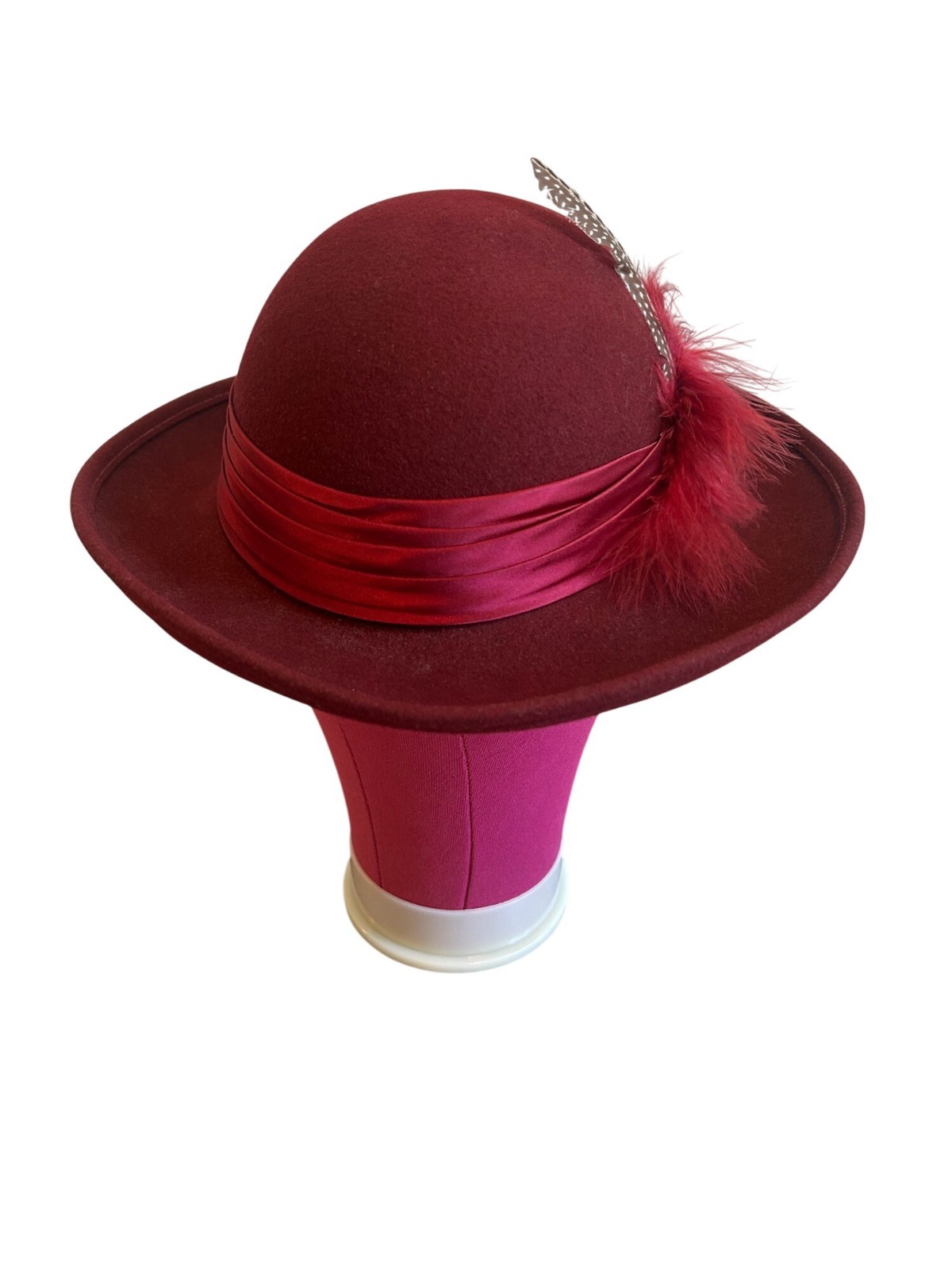 Vintage Geo W Bollman Burgundy Wool Hat With Satin Ribbon & Feather Accent