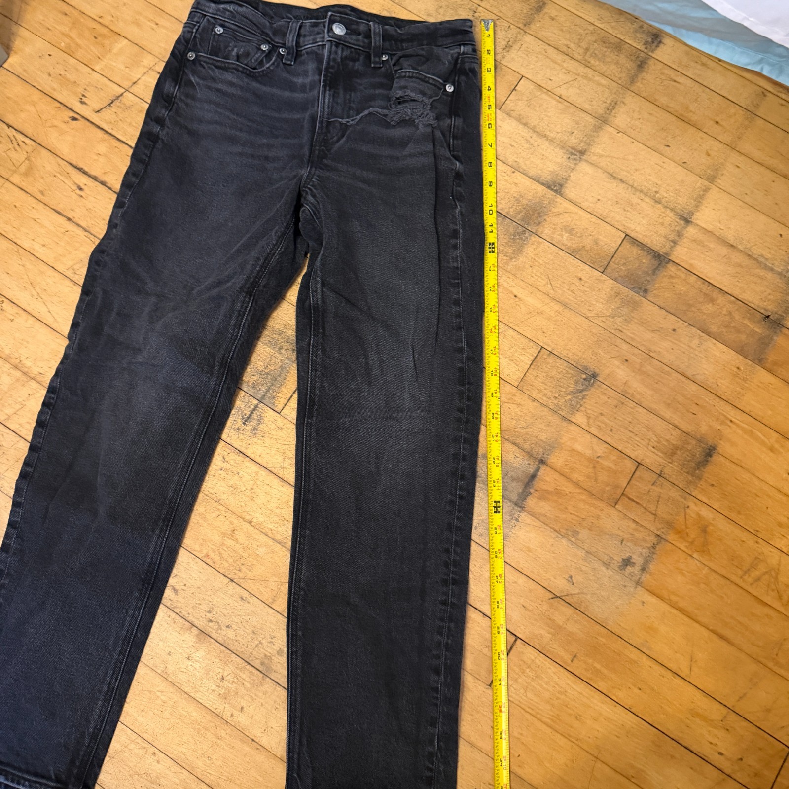 American Eagle Jeans Sz 2 Black Womens Stovepipe Baggy Denim Stretch Fray Hem