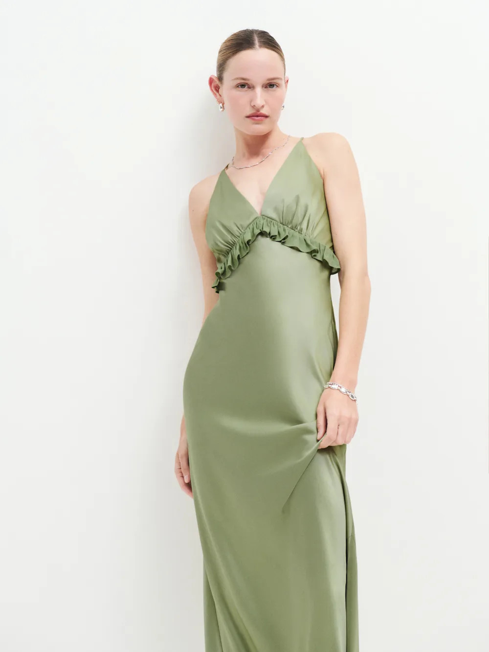 Reformation NWT Madrigal Artichoke Green Satin Maxi Slip Dress Size S