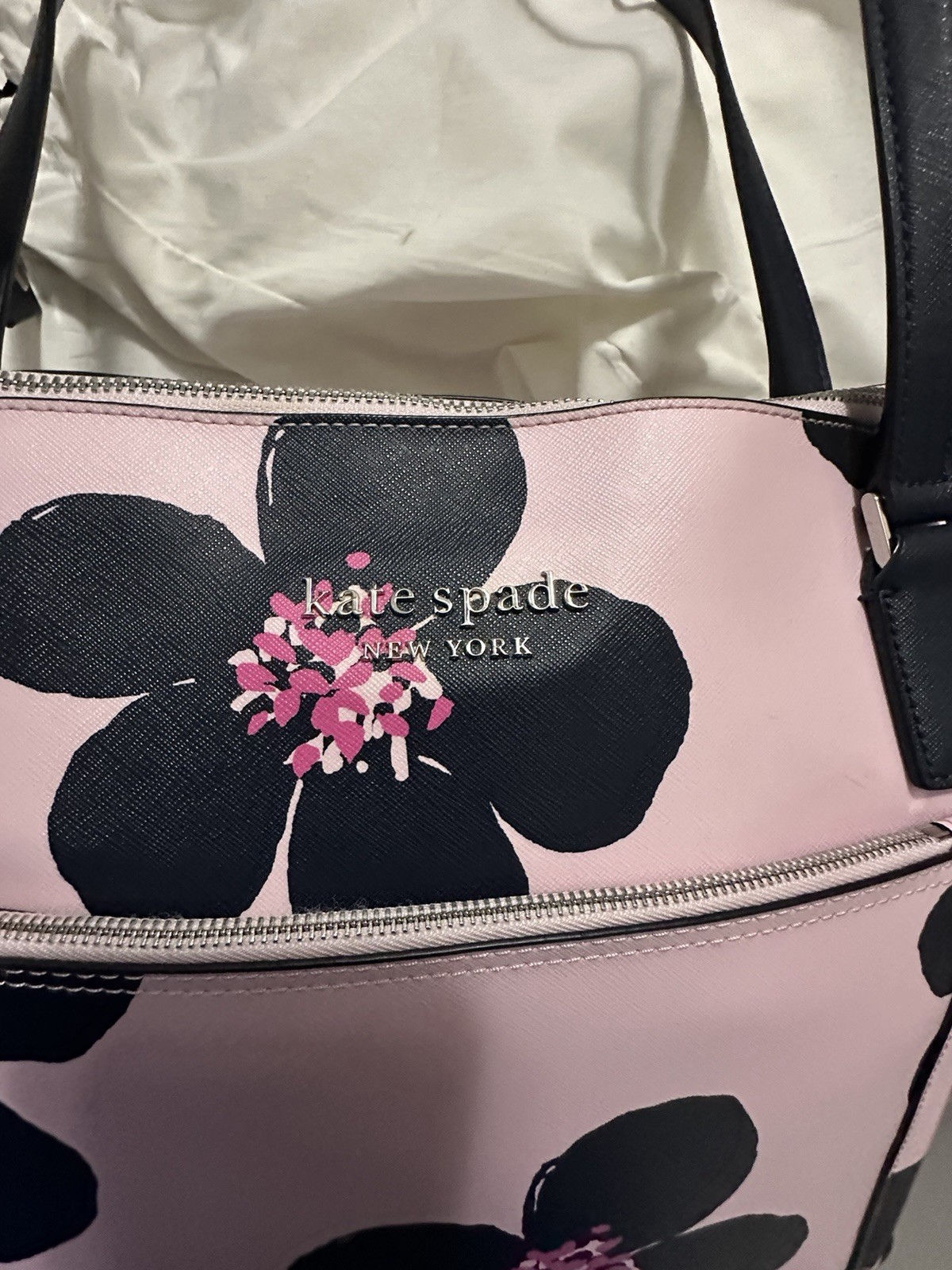 Kate Spade New York Large Pink Black Floral Zip Tote Bag w/ Pouch, Zip Pocket