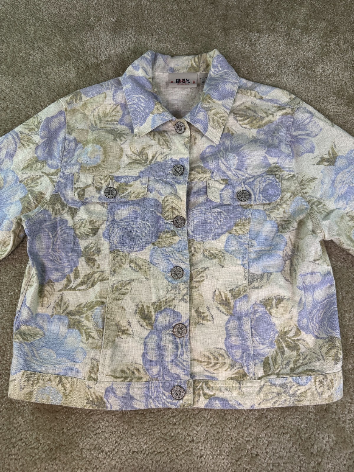 Bill Blass Jean Jacket Size PM Medium Linen Blend Floral Print Pastel Blue D488