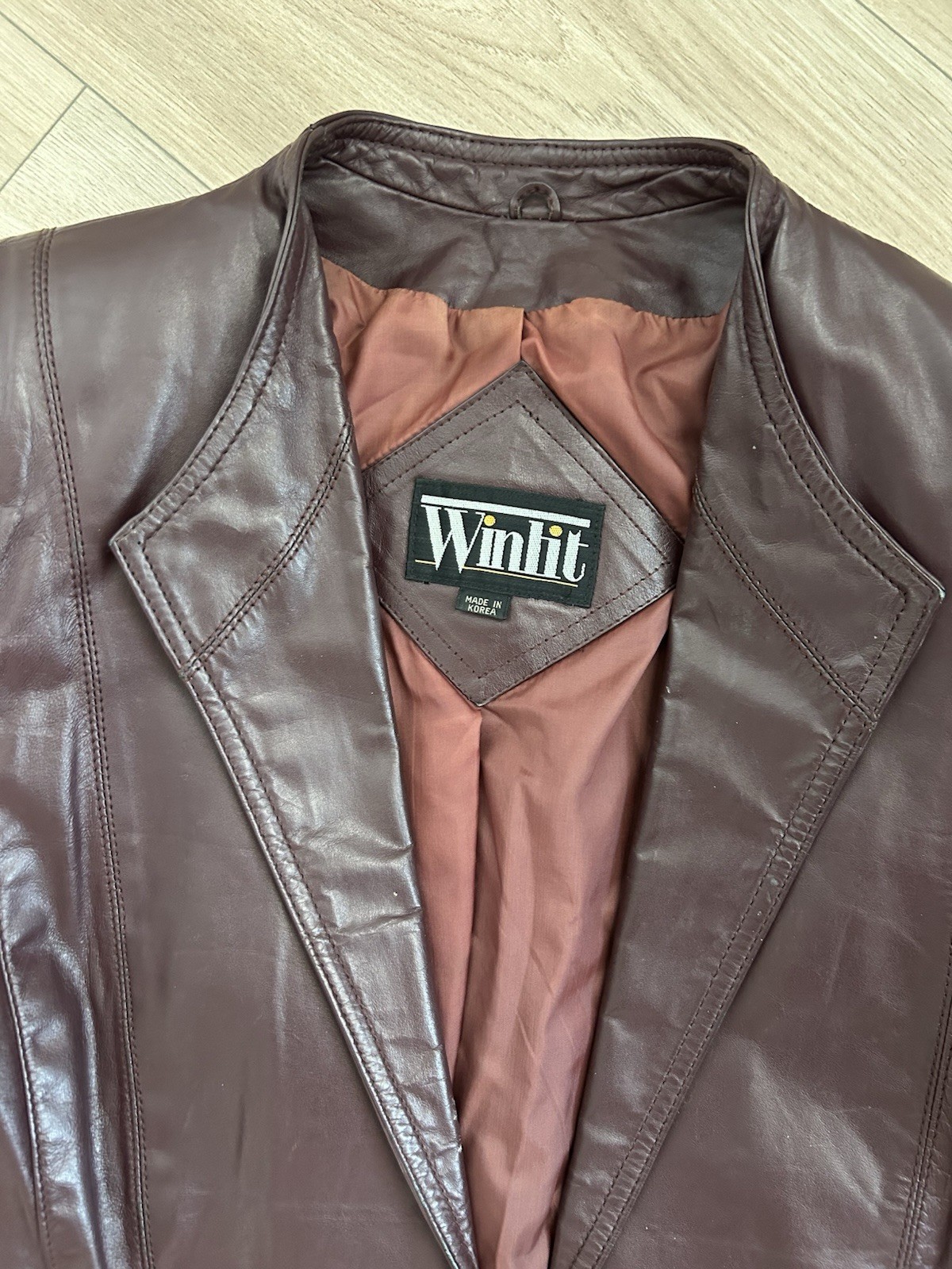 Winlit Brown Leather Blazer Jacket, Button Front Collared Lined, Size 13-14