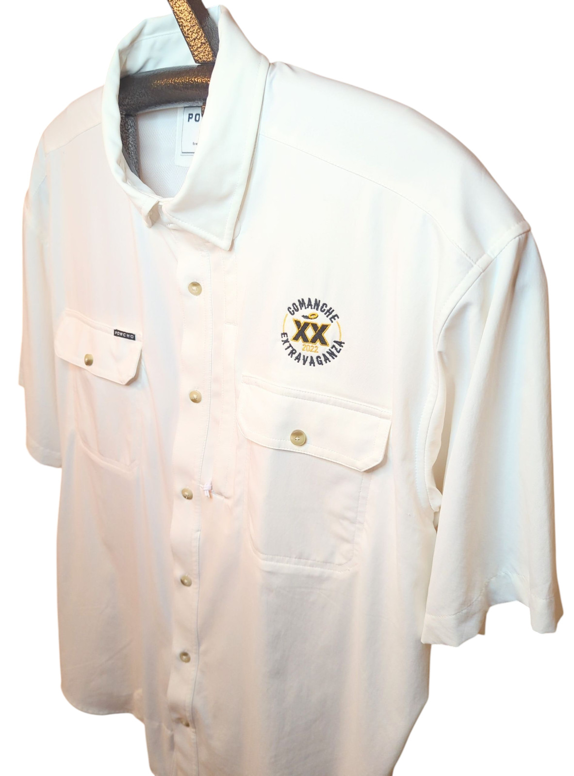 PONCHO Outdoors Vented Button Up Shirt Magnetic Mens LARGE White Comanche Logo