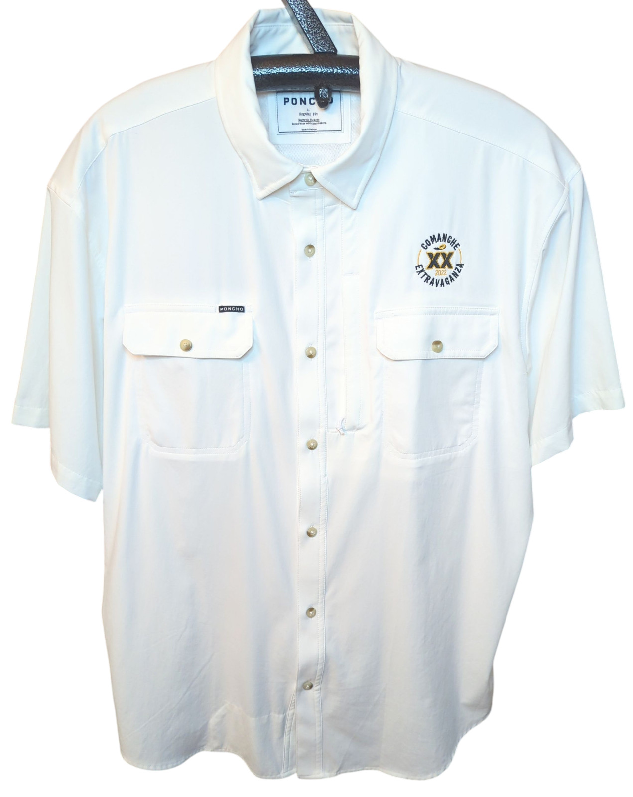 PONCHO Outdoors Vented Button Up Shirt Magnetic Mens LARGE White Comanche Logo