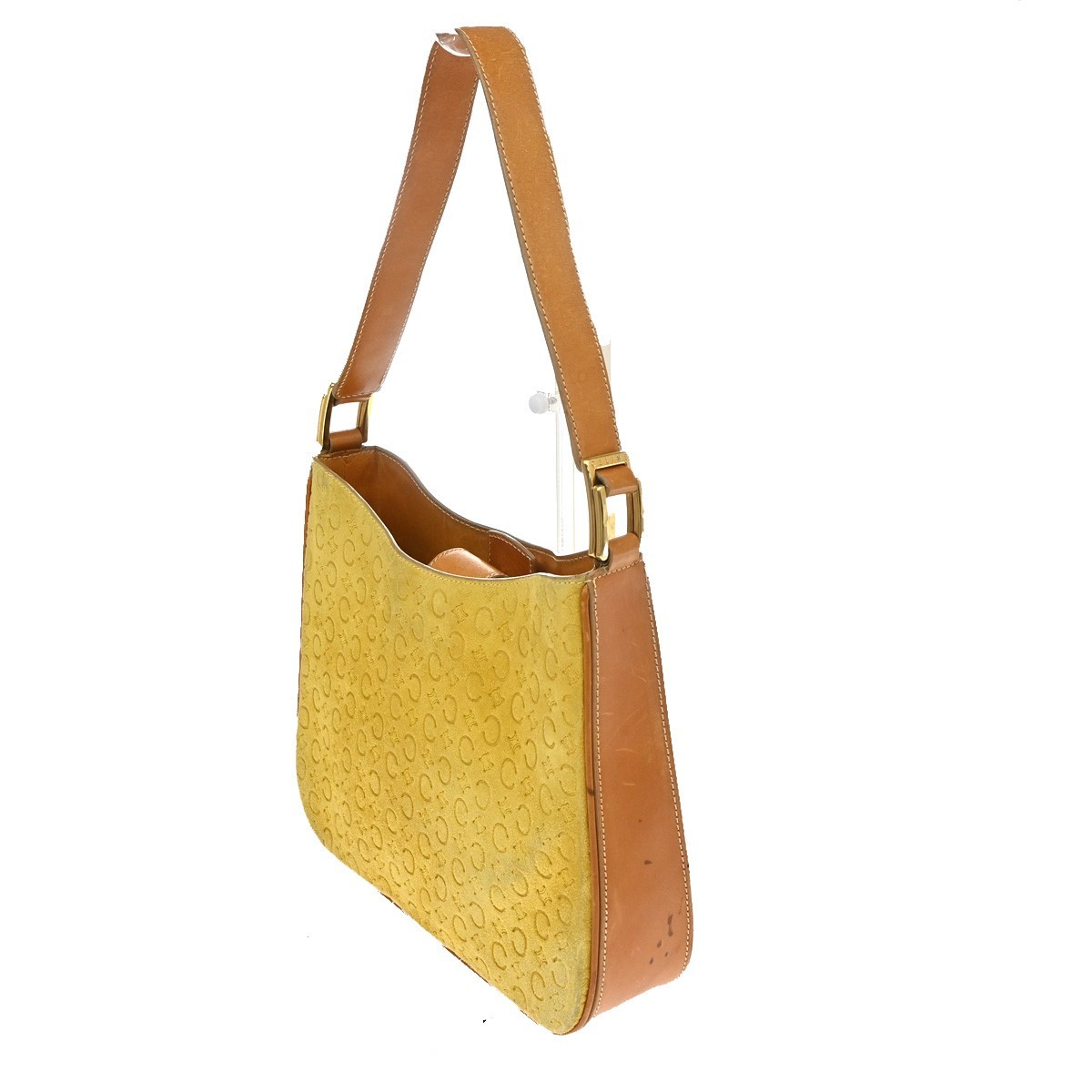 CELINE Logo C Macadam Pattern Shoulder Bag Suede Leather Yellow GHW 38KD150