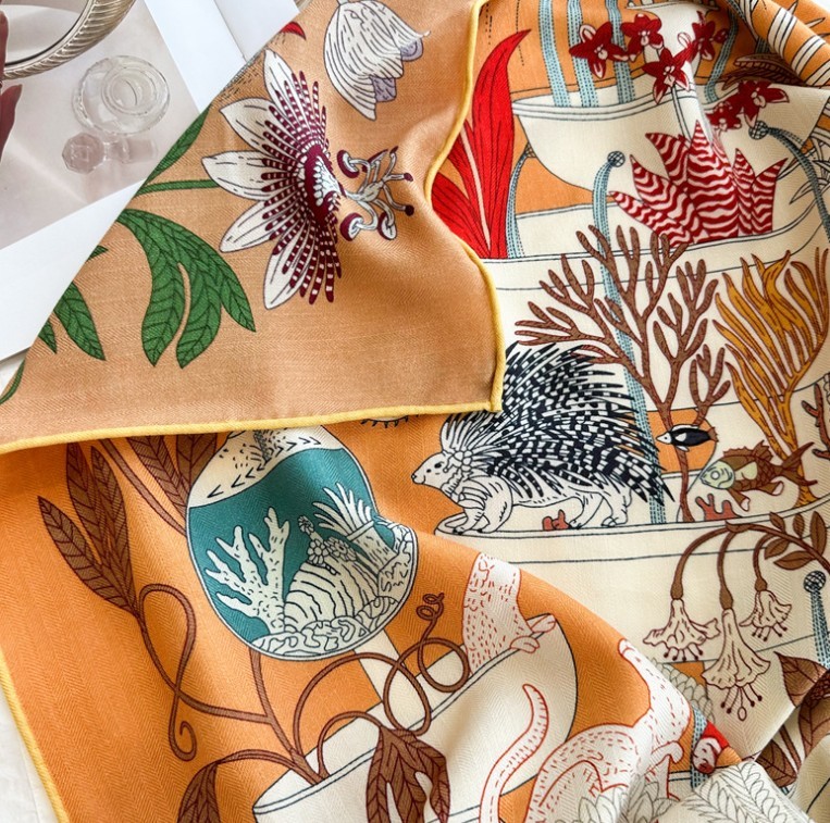 Double Face 70% Cashmere 30% Silk Scarf Square Shawl 53″ Orange Large Wrap